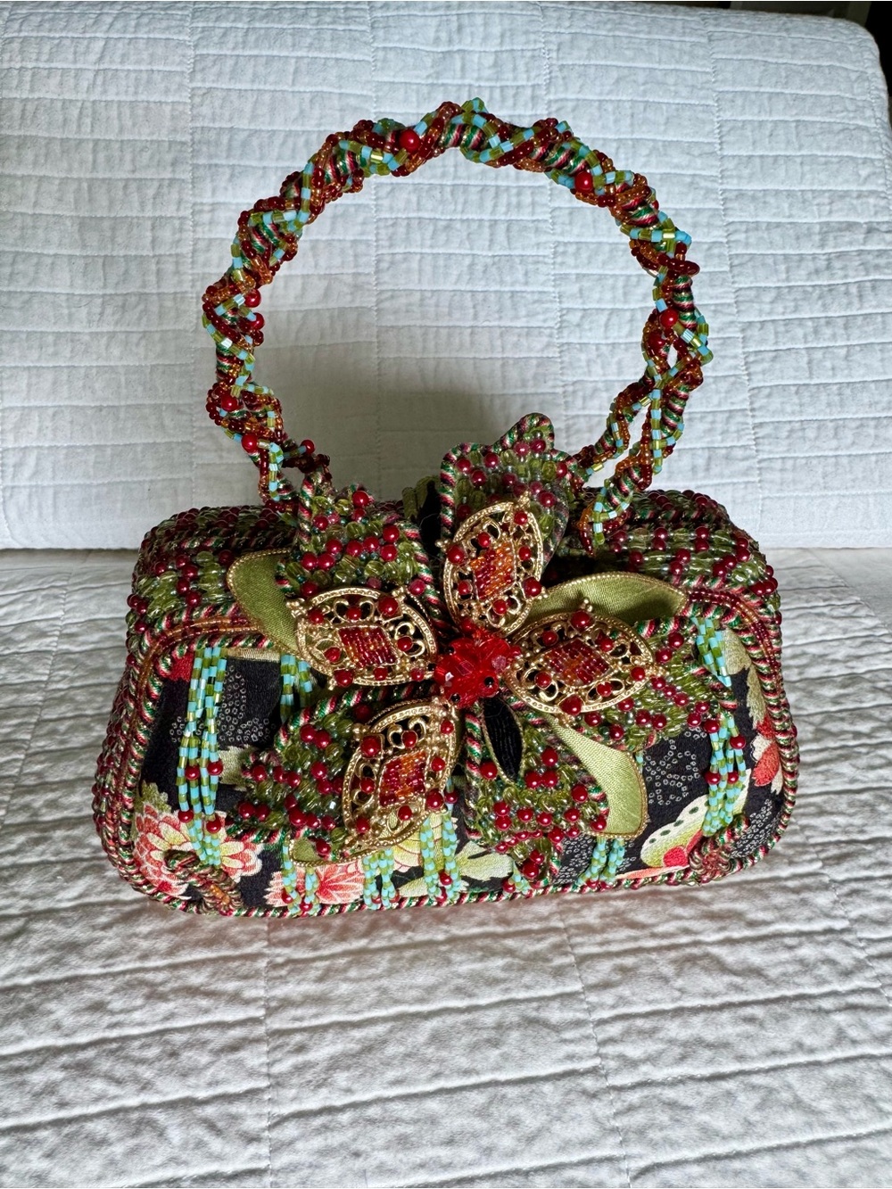 Mary Frances Vintage Multicolor Beaded Floral Handle Evening Clutch